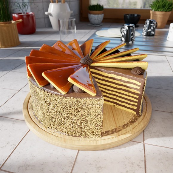 Bánh Dobos torta nhiều lớp với mặt caramel cắt miếng hình quạt