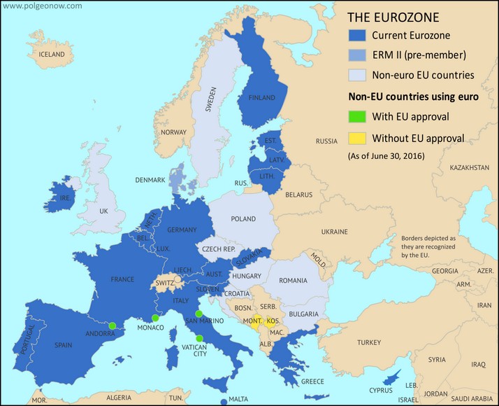 Bản đồ châu Âu đánh dấu các nước dùng đồng euro