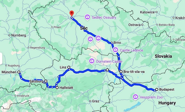 Bản đồ hành trình Tour Đông Âu 5 Nước qua Đức, Séc, Áo, Slovakia, Hungary