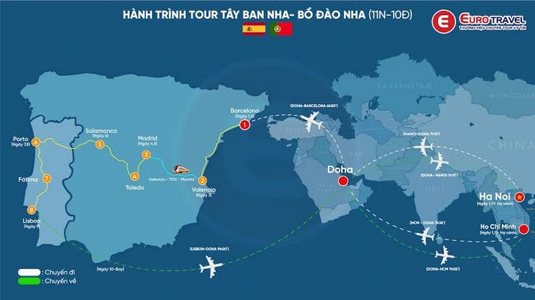 Bản đồ hành trình Tour 6 Nước Tây Âu qua Pháp, Bỉ, Hà Lan, Đức, Thụy Sĩ, Ý