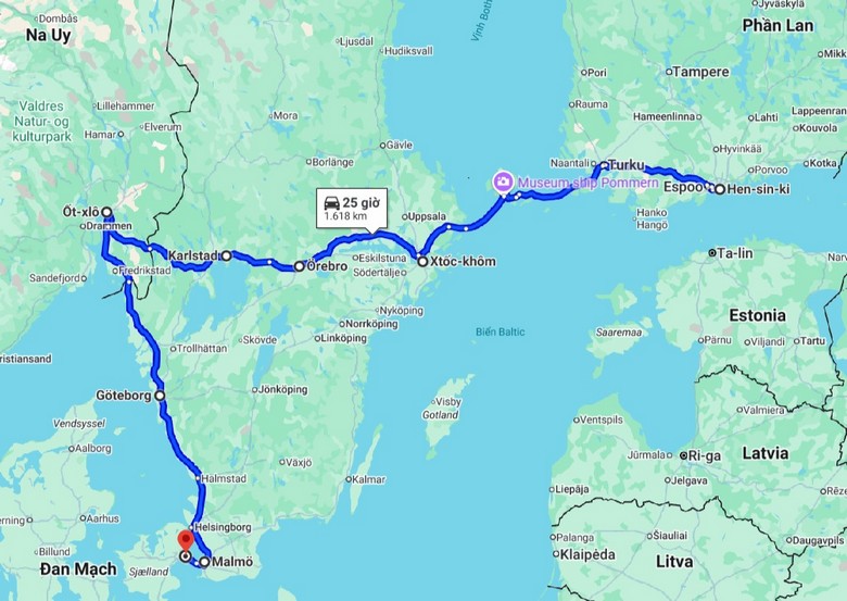Bản đồ hành trình Tour Bắc Âu 4 nước qua Đan Mạch, Thụy Điển, Na Uy, Phần Lan