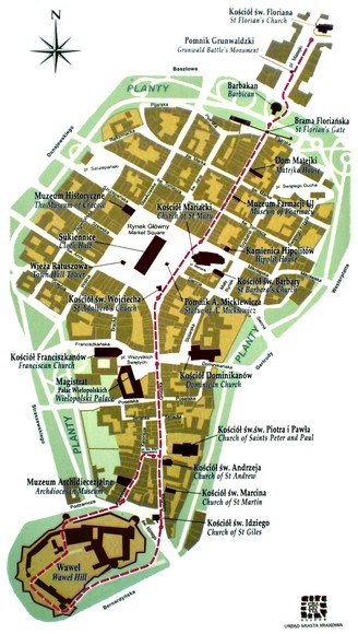 Bản đồ khu phố cổ Krakow với đồi Wawel và quảng trường Rynek