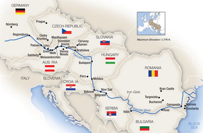 Bản đồ vị trí Bratislava giáp biên giới Áo và Hungary bên sông Danube