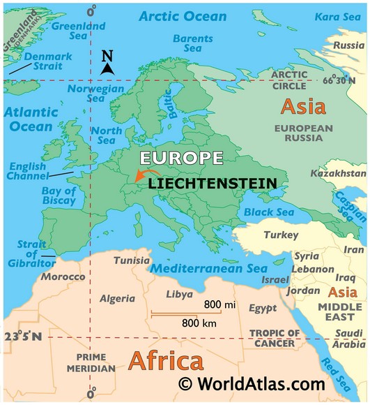  Bản đồ vị trí Liechtenstein kẹp giữa Thụy Sĩ và Áo