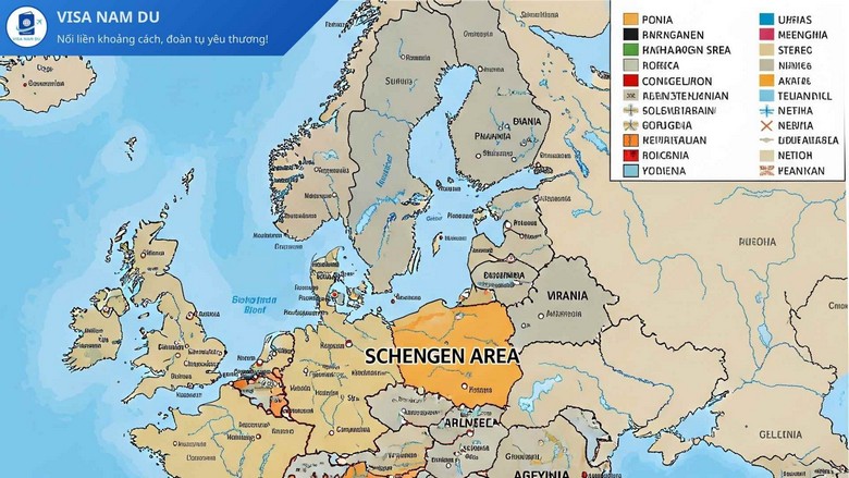 Bản đồ minh họa các nước thuộc khối Schengen tại châu Âu