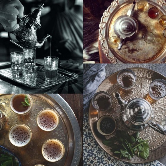 Ba ly trà bạc hà nhỏ xếp cạnh nhau theo phong tục Berber