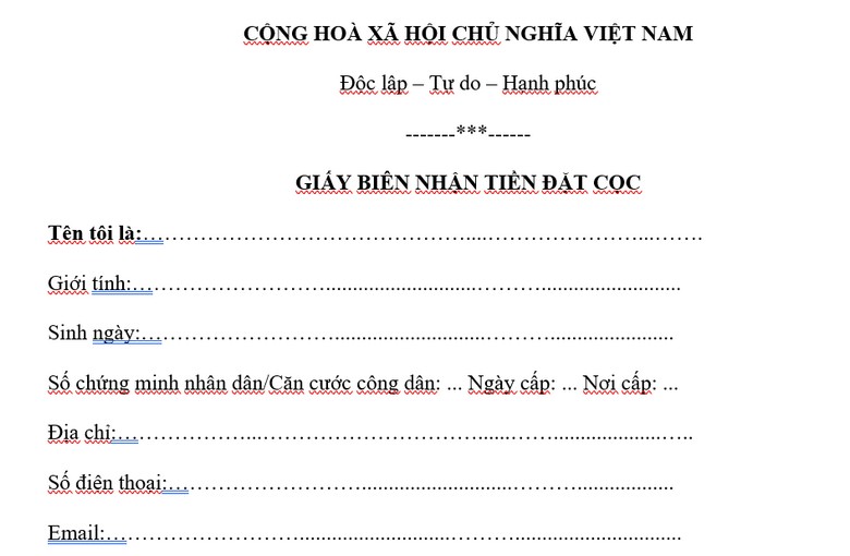  Biên nhận đặt cọc tour du lịch
