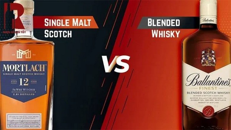 Chai Single Malt và Blended whisky Scotland đặt cạnh nhau để so sánh