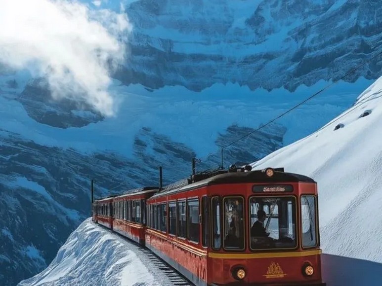 Ga tàu Jungfraujoch phủ tuyết trắng với sông băng Aletsch phía xa