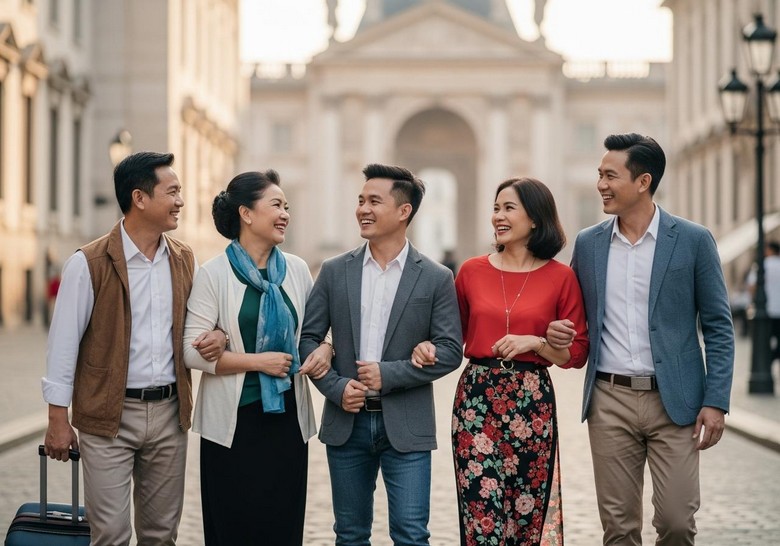 Gia đình nhiều thế hệ tham quan cùng hướng dẫn viên tại châu Âu