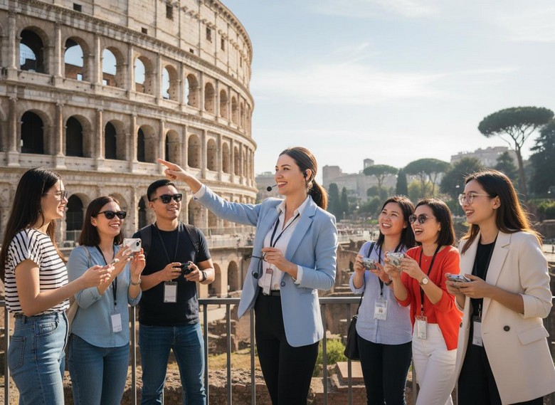Gia đình nhiều thế hệ xem lịch trình tour châu Âu cùng hướng dẫn viên