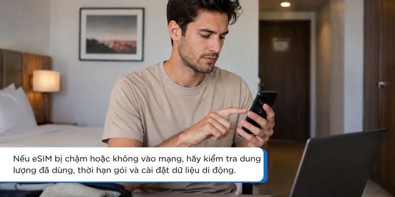 Khách kiểm tra dung lượng data eSIM trên điện thoại trước giờ khởi hành
