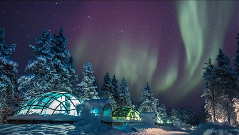 Khu rừng thông phủ tuyết ở Saariselkä Lapland về đêm