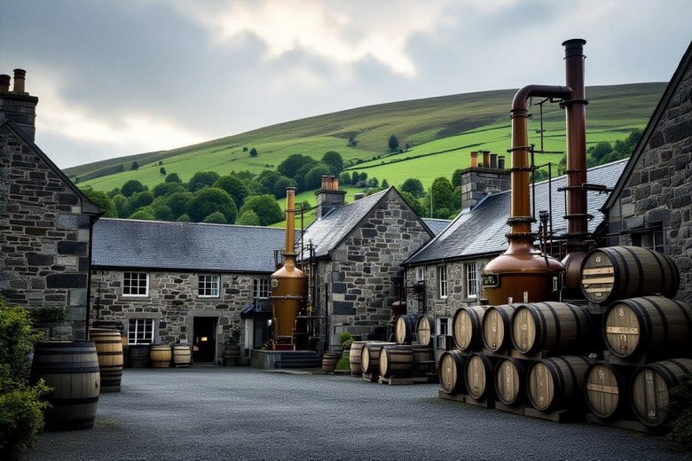  Phong cảnh vùng Speyside hoặc Highland với nhà máy chưng cất whisky truyền thống