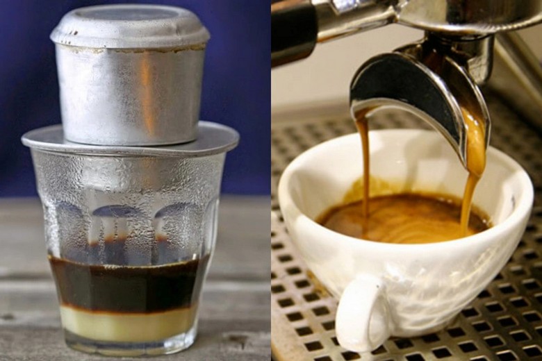 So sánh cà phê phin Việt Nam và tách espresso Ý trên cùng một mặt bàn