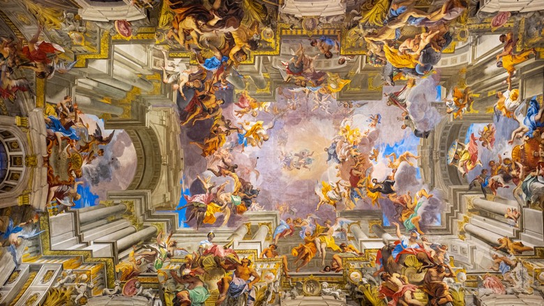 Trần nhà thờ Baroque với tranh vẽ ảo giác ba chiều kiểu trompe l'oeil