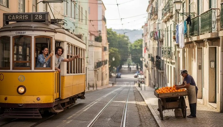 Xe điện Tram 28 màu vàng cổ điển chạy qua phố dốc khu Alfama Lisbon