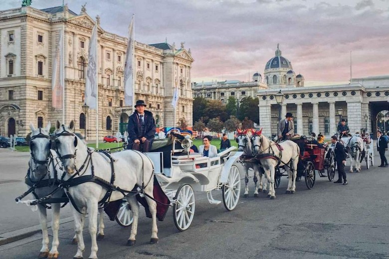 Xe ngựa Fiaker chạy qua phố cổ Vienna với nhà thờ Stephansdom phía sau