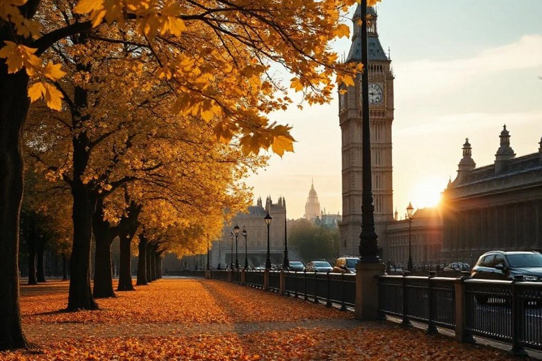 Đường phố London vào một buổi chiều mùa thu với lá vàng