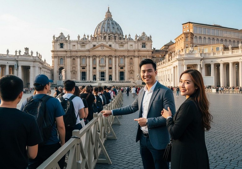 Đoàn khách Hà Nội chụp ảnh cùng hướng dẫn viên tại Quảng trường Thánh Peter