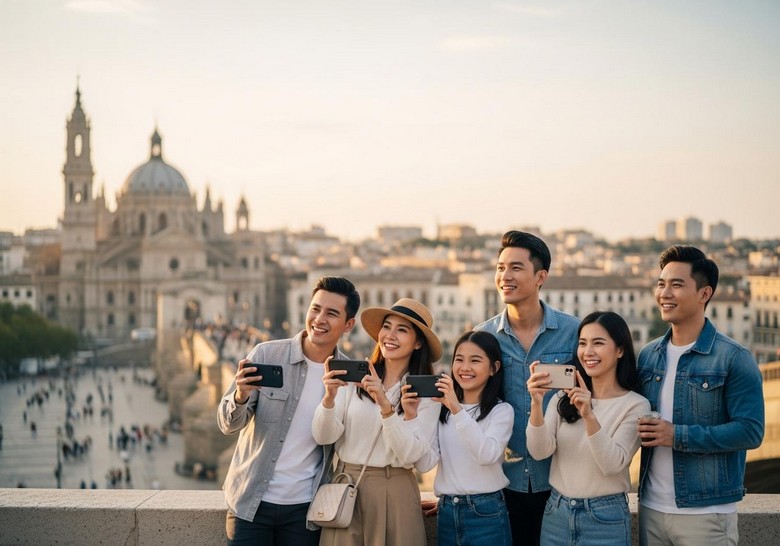 Đoàn khách gia đình nhiều thế hệ chụp ảnh cùng hướng dẫn viên tiếng Việt tại châu Âu